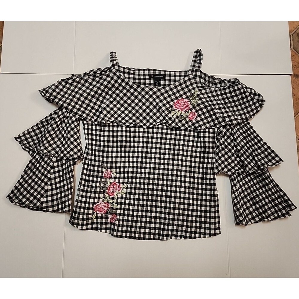 International Concepts Off Shoulder w/ Spaghetti Straps Black White Check Sz Med